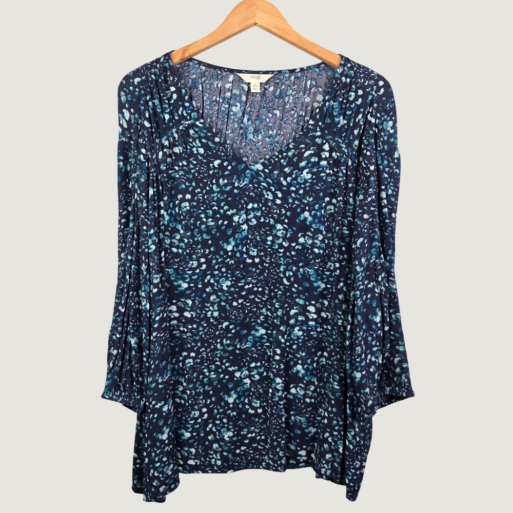 Terra & Sky Blouse Womens 2X Blue Teal Abstract Print V-Neck Flowy Viscose Plus